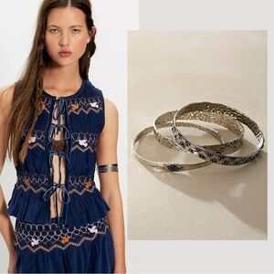 Free People Bohemian Hammered Organic Bangle Set of 3 in Antique Silver NWT